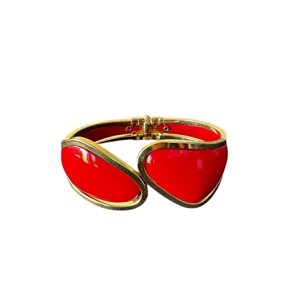 Bangle Cuff Bracelet GoldTone Bright Red  Enamel Hinged Abstract Vintage
